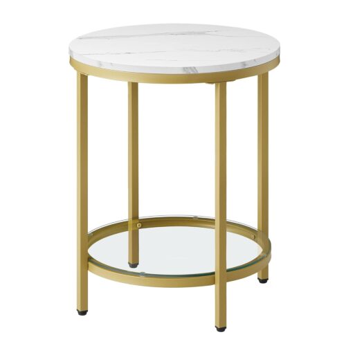 VASAGLE Beistelltisch 2‑Ebenen Hartglas modern marmorweiß‑Gold