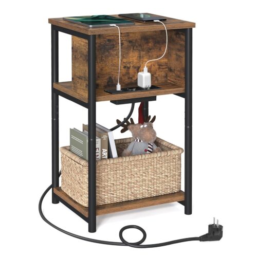 VASAGLE Beistelltisch mit 2 AC‑ und 2 USB‑Anschlüssen, schmal, vintage Braun‑Schwarz