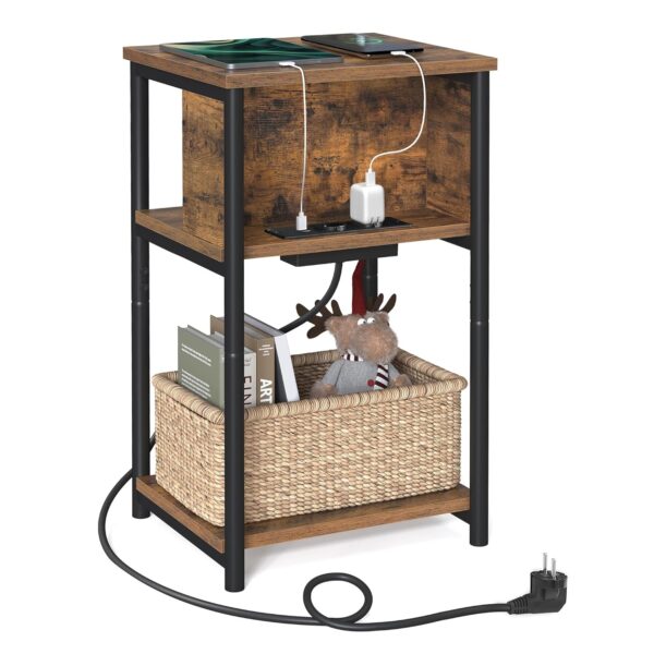 VASAGLE Beistelltisch mit 2 AC‑ und 2 USB‑Anschlüssen, schmal, vintage Braun‑Schwarz