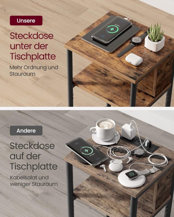 VASAGLE Beistelltisch mit 2 AC‑ und 2 USB‑Anschlüssen, schmal, vintage Braun‑Schwarz