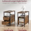 VASAGLE Beistelltisch mit Steckdose & 2 Schubladen – Vintage Braun/Schwarz