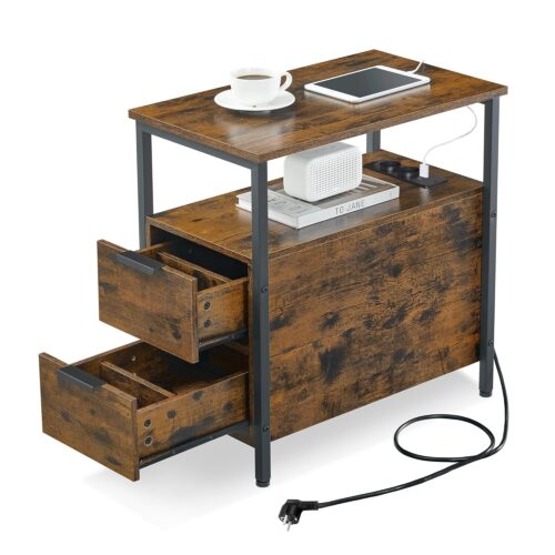 VASAGLE Beistelltisch mit Steckdose & 2 Schubladen – Vintage Braun/Schwarz