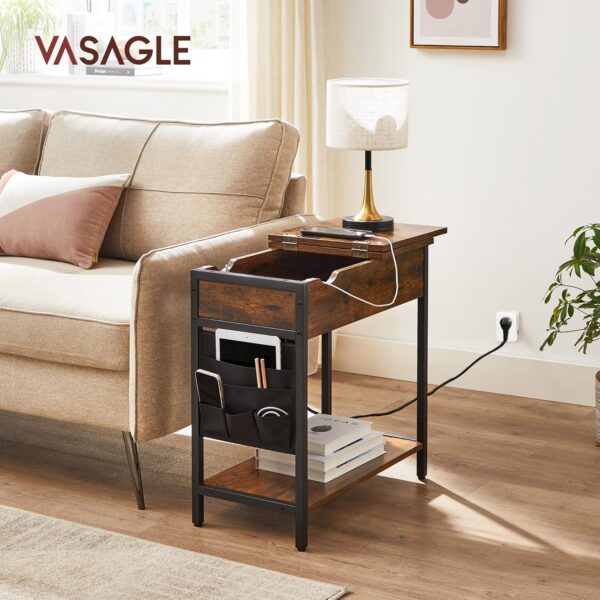 VASAGLE Beistelltisch/Nachttisch – schmal, Steckdose & USB, Vintage Braun‑Schwarz