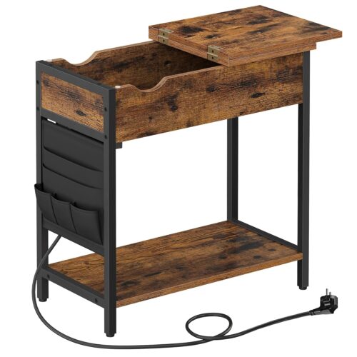 VASAGLE Beistelltisch/Nachttisch – schmal, Steckdose & USB, Vintage Braun‑Schwarz