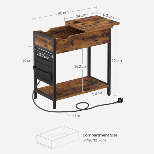 VASAGLE Beistelltisch/Nachttisch – schmal, Steckdose & USB, Vintage Braun‑Schwarz