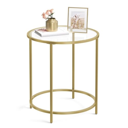 VASAGLE Beistelltisch rund Hartglas Metallgestell gold‑transparent LGT20G