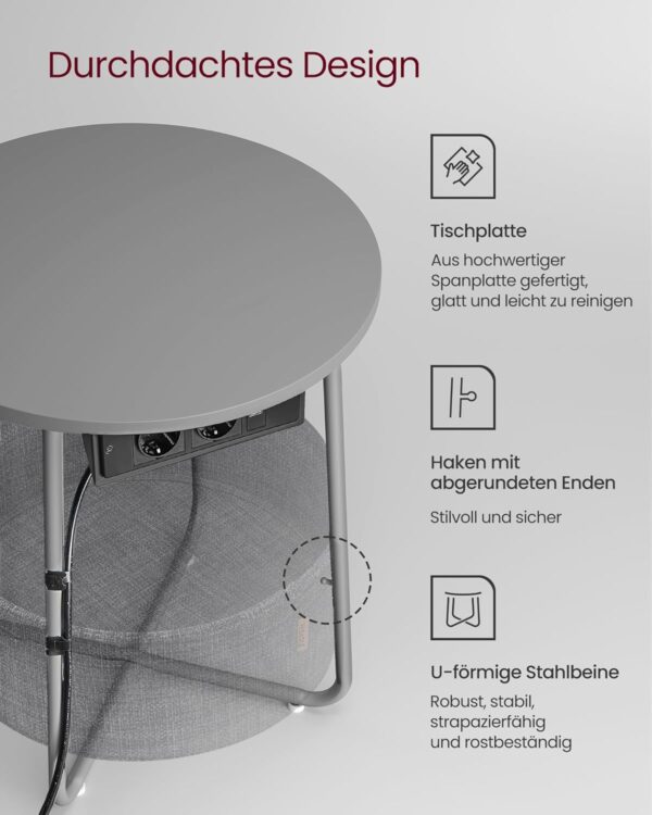 VASAGLE Beistelltisch rund Steckdose Stauraum Stoffkorb