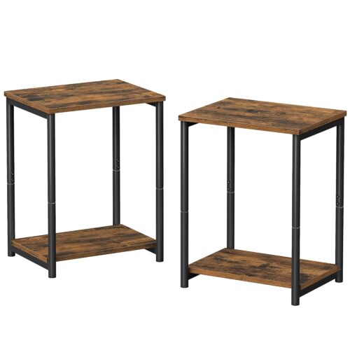 VASAGLE Beistelltisch-Set 2er – 2‑Ebenen, Stahlrahmen, Braun/Schwarz, Industriestil