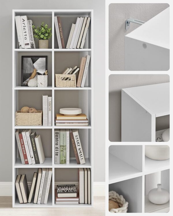 VASAGLE Bücherregal 10 Fächer Standregal weiß, skandinavischer Stil, Raumteiler