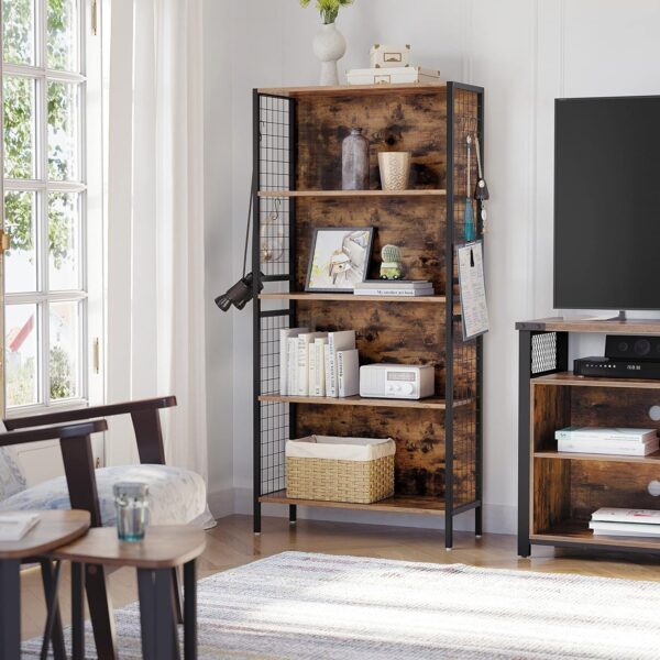 VASAGLE Bücherregal 5 Ablagen, 4 S‑Haken, 30×74×154 cm, vintage braun‑schwarz
