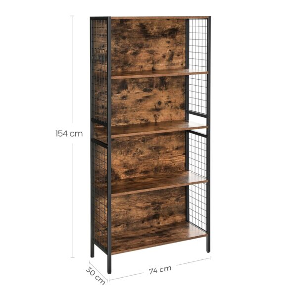 VASAGLE Bücherregal 5 Ablagen, 4 S‑Haken, 30×74×154 cm, vintage braun‑schwarz