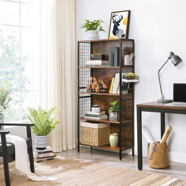 VASAGLE Bücherregal 5 Ablagen, 4 S‑Haken, 30×74×154 cm, vintage braun‑schwarz