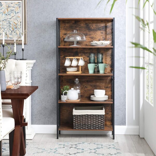 VASAGLE Bücherregal 5 Ablagen, 4 S‑Haken, 30×74×154 cm, vintage braun‑schwarz