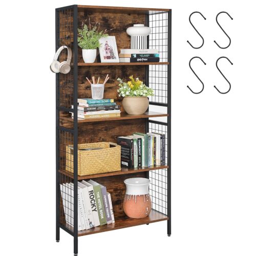 VASAGLE Bücherregal 5 Ablagen, 4 S‑Haken, 30×74×154 cm, vintage braun‑schwarz