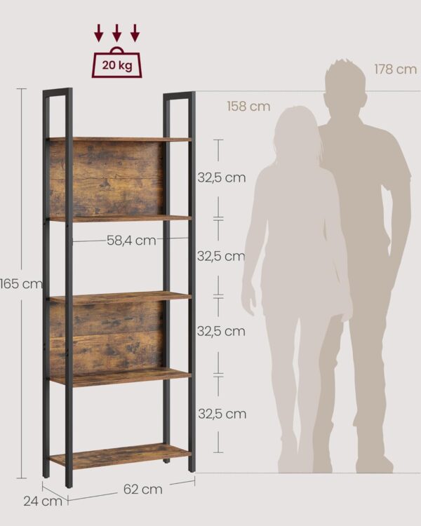 VASAGLE Bücherregal 5 Regalböden Stahlgestell Industrie-Design vintagebraun‑tintenschwarz