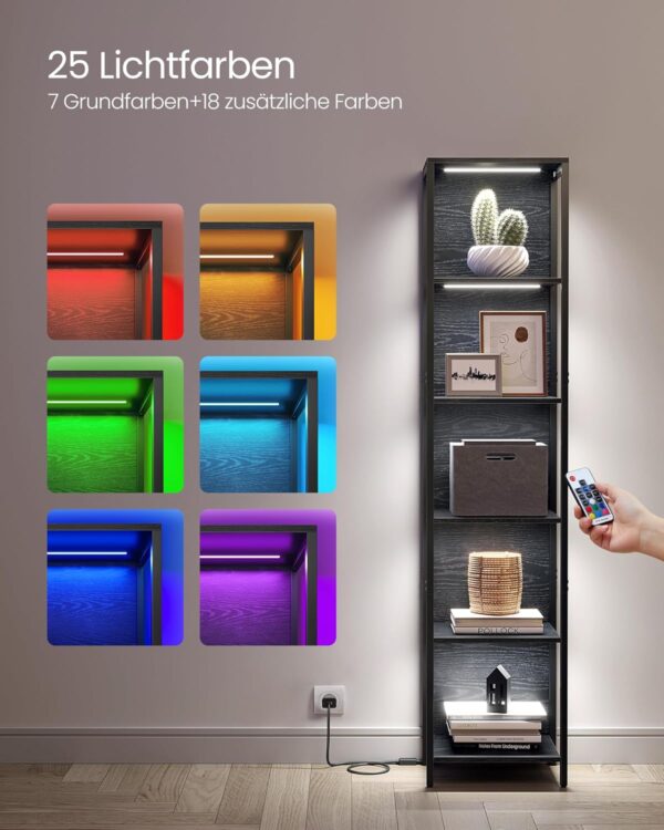 VASAGLE Bücherregal 6 Ebenen einstellbare LED‑Beleuchtung Stahlrahmen