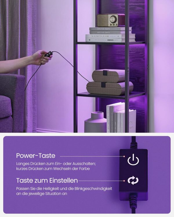 VASAGLE Bücherregal 6 Ebenen einstellbare LED‑Beleuchtung Stahlrahmen