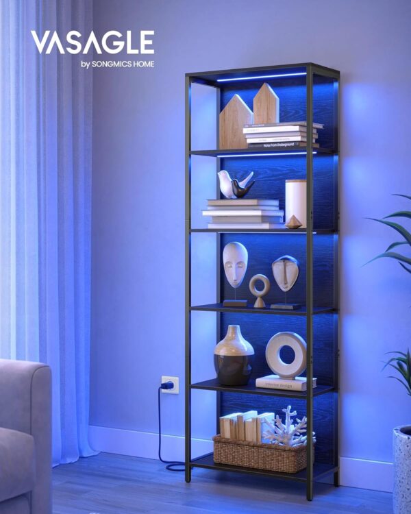 VASAGLE Bücherregal 6‑fach, einstellbare LED‑Beleuchtung, stabiler Stahlrahmen