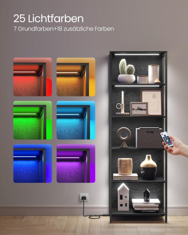 VASAGLE Bücherregal 6‑fach, einstellbare LED‑Beleuchtung, stabiler Stahlrahmen