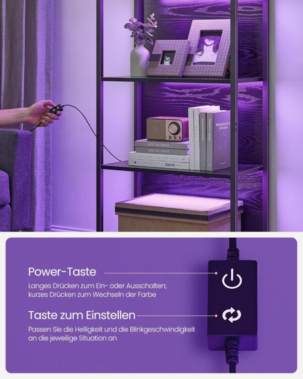 VASAGLE Bücherregal 6‑fach, einstellbare LED‑Beleuchtung, stabiler Stahlrahmen