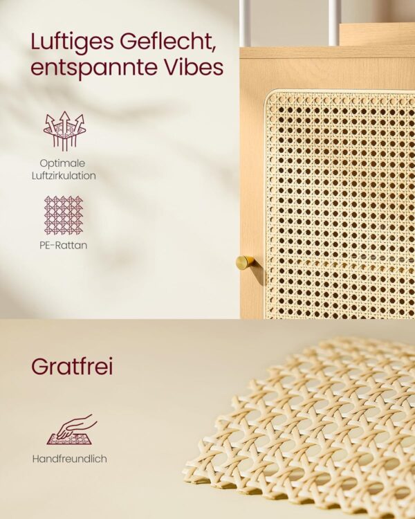 VASAGLE Bücherregal 6‑fach, Rattan‑Tür, verstellbarer Einlegeboden, Metallrahmen