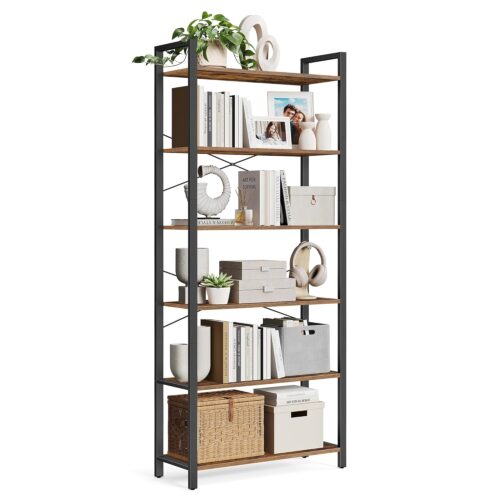 VASAGLE Bücherregal 6‑stufig – Stahlrahmen, freistehend, Industrie‑Design 30 x 80 x 186 cm