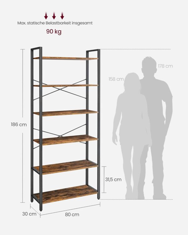 VASAGLE Bücherregal 6‑stufig – Stahlrahmen, freistehend, Industrie‑Design 30 x 80 x 186 cm