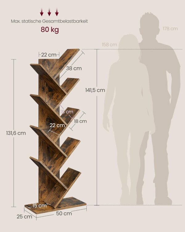 VASAGLE Bücherregal Baumform 9‑Ebenen platzsparendes Eckregal vintagebraun
