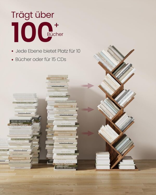 VASAGLE Bücherregal Baumform 9‑Ebenen platzsparendes Eckregal vintagebraun