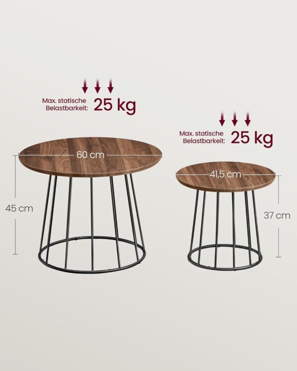 VASAGLE Couchtisch 2er Set – runde Tischplatte, Stahlgestell, naturwalnussfarbe