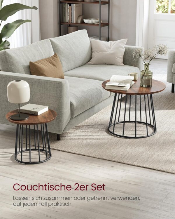 VASAGLE Couchtisch 2er Set – runde Tischplatte, Stahlgestell, naturwalnussfarbe