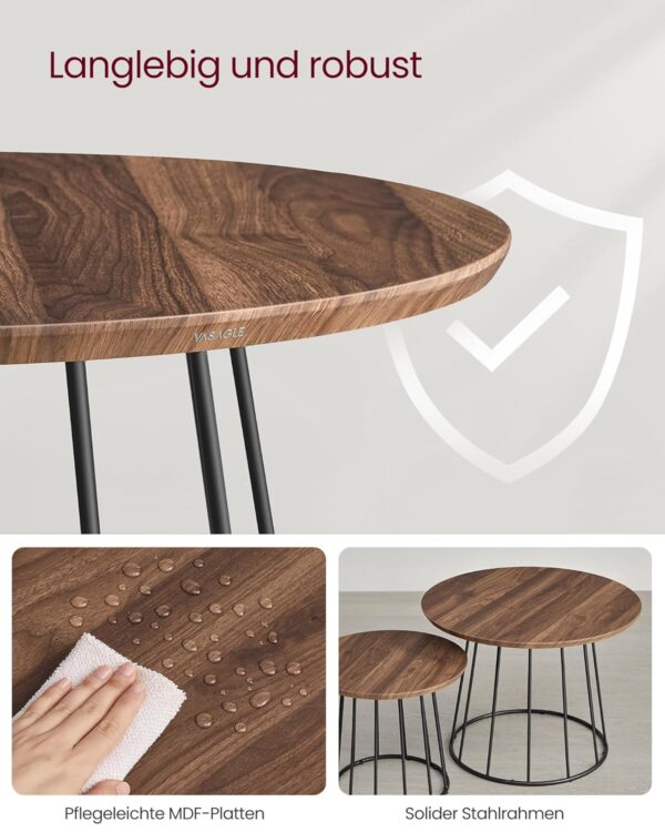 VASAGLE Couchtisch 2er Set – runde Tischplatte, Stahlgestell, naturwalnussfarbe