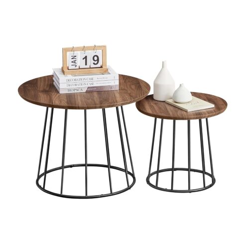 VASAGLE Couchtisch 2er Set – runde Tischplatte, Stahlgestell, naturwalnussfarbe