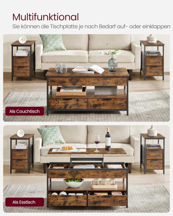 VASAGLE Couchtisch höhenverstellbar Schublade & offenes Fach 50×100 cm braun‑schwarz