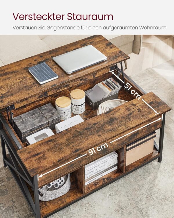 VASAGLE Couchtisch höhenverstellbar, Stauraum, X‑Streben, vintagebraun‑schwarz