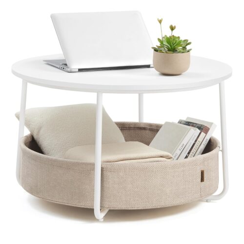 VASAGLE Couchtisch rund mit Stauraum, Stoffkorb, Metallrahmen, mattweiß‑Kamelbraun