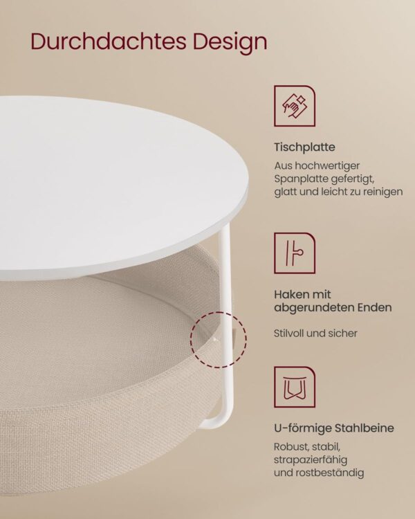 VASAGLE Couchtisch rund mit Stauraum, Stoffkorb, Metallrahmen, mattweiß‑Kamelbraun