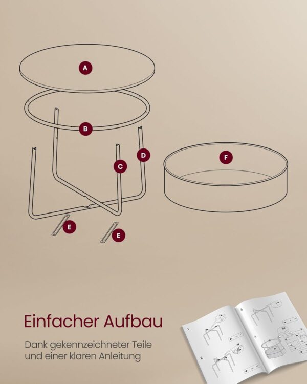 VASAGLE Couchtisch rund mit Stauraum, Stoffkorb, Metallrahmen, mattweiß‑Kamelbraun