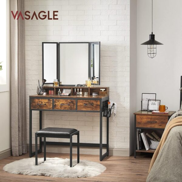 VASAGLE Doppel‑Unterschrank‑Set 3 Schubladen, Dreispiegel, gepolsterter Hocker – Industrie rustikal