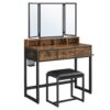 VASAGLE Doppel‑Unterschrank‑Set 3 Schubladen, Dreispiegel, gepolsterter Hocker – Industrie rustikal