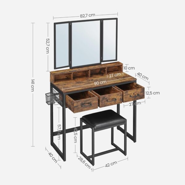 VASAGLE Doppel‑Unterschrank‑Set 3 Schubladen, Dreispiegel, gepolsterter Hocker – Industrie rustikal
