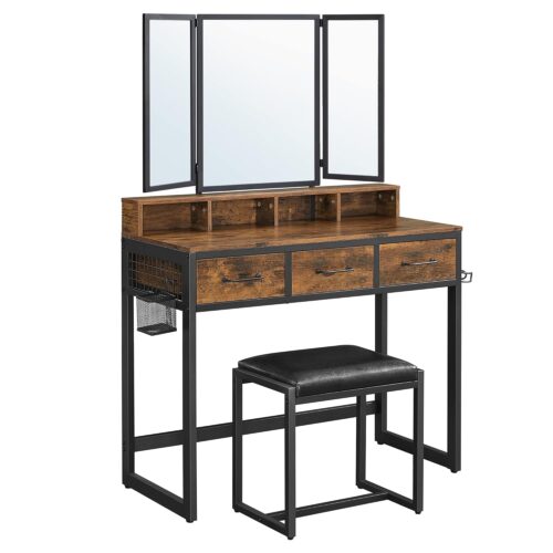 VASAGLE Doppel‑Unterschrank‑Set 3 Schubladen, Dreispiegel, gepolsterter Hocker – Industrie rustikal