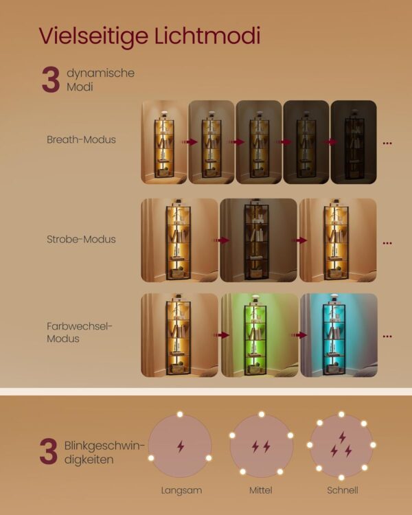 VASAGLE Eckregal 5‑Ebenen mit einstellbarer LED‑Beleuchtung Stahlrahmen