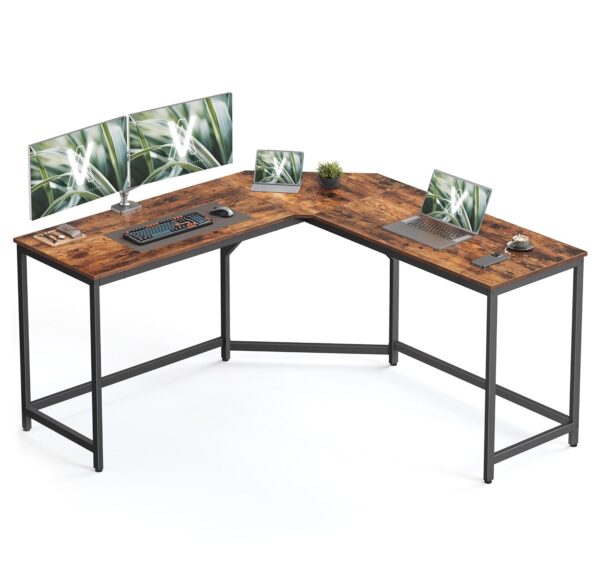 VASAGLE Eckschreibtisch L‑Form 149 cm x 149 cm, platzsparend, vintage Braun/Tintenschwarz