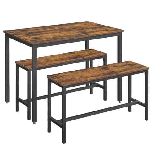 VASAGLE Esstisch 3er‑Set 70 x 110 cm, 2 Bänke, Stahlgestell, vintagebraun/tintenschwarz