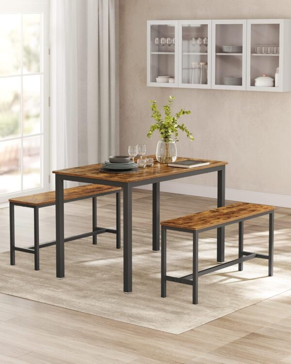 VASAGLE Esstisch 3er‑Set 70 x 110 cm, 2 Bänke, Stahlgestell, vintagebraun/tintenschwarz