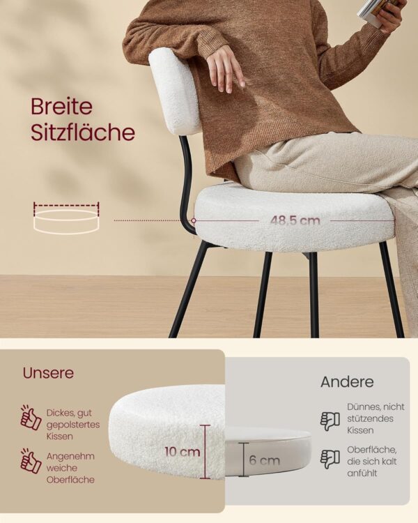 VASAGLE Esszimmerstuhl 2er Set – Fleece‑Polster, geschwungene Rückenlehne, cremeweiß