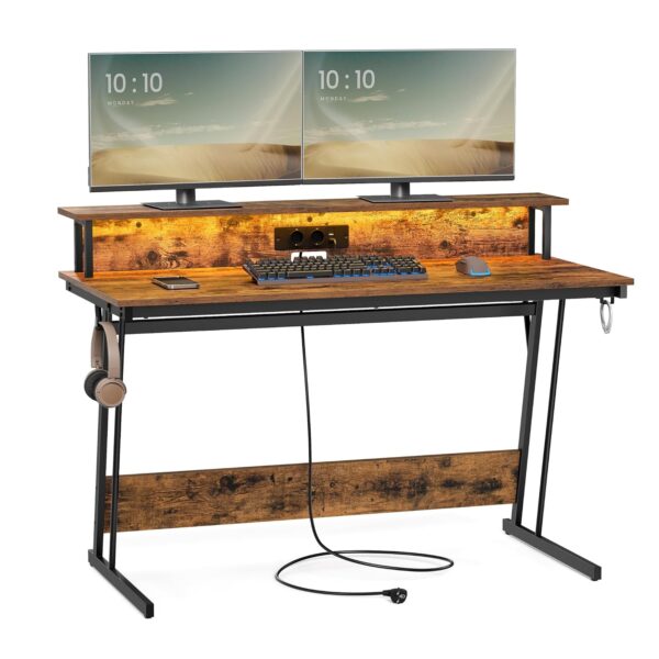 VASAGLE Gaming‑Schreibtisch mit Steckdosenleiste & 2‑Monitor‑Ständer, vintagebraun 55×135×76 cm