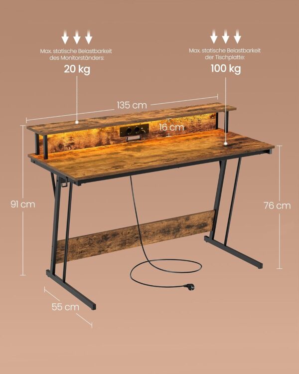 VASAGLE Gaming‑Schreibtisch mit Steckdosenleiste & 2‑Monitor‑Ständer, vintagebraun 55×135×76 cm