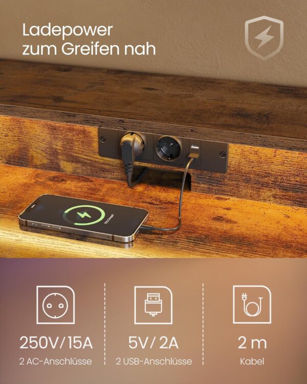 VASAGLE Gaming‑Schreibtisch mit Steckdosenleiste & 2‑Monitor‑Ständer, vintagebraun 55×135×76 cm